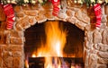 Interior decorated for Christmas. Fireplace with socks.