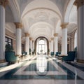 The interior decoration of the lobby of the hotel adopts a lifelike rendering style, light beige, arched doorway.Generative AI