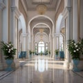 The interior decoration of the lobby of the hotel adopts a lifelike rendering style, light beige, arched doorway.Generative AI