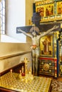 Interior decorations of Saint Ekaterina Christian Cathedral with an installation of Jesus Christ crucifed on the cross despose to