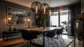 Interior deisgn of Dining Room in Contemporary style with Sculptural light fixture