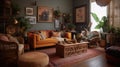 Interior deisgn of Living Room in Bohemian style with Gallery wall