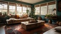 Interior deisgn of Living Room in Bohemian style with Large windows