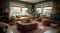 Interior deisgn of Living Room in Bohemian style with Large windows