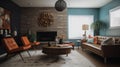 Interior deisgn of Living Room in Mid-Century Modern style with Fireplace Royalty Free Stock Photo