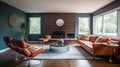Interior deisgn of Living Room in Mid-Century Modern style with Fireplace Royalty Free Stock Photo