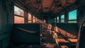 Abandoned Train Car Interior with Rusted Seats and Graffiti-Covered Walls Royalty Free Stock Photo