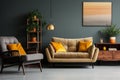 interior design, Abstract painting on grey wall of retro living room interior with beige sofa with pillows, vintage dark green Royalty Free Stock Photo