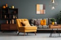 interior design, Abstract painting on grey wall of retro living room interior with beige sofa with pillows, vintage dark green Royalty Free Stock Photo