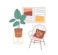 Interior design with armchair, potted plant and wall pictures. Cane chair with cushion, posters and houseplant. Home in