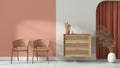 Interior design background in white and orange tones. Living waiting room with rattan armchairs and wooden sideboard, plaster