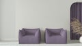 Interior design background in white and purple tones. Living room with armchairs close up, plaster wall and wooden floor. Arched Royalty Free Stock Photo
