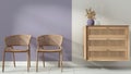 Interior design background in white and purple tones. Living, sitting and waiting room with rattan armchairs and wooden sideboard Royalty Free Stock Photo
