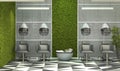 Interior design barbershop. Beauty saloon in loft style with moss on the concrete walls. 3D rendering.