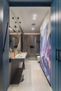 Interior design of bathroom interior with colorful wallpaper, big mirror, silk, toilet seat, shower, gray tiles, modern lamp, vase Royalty Free Stock Photo