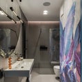 Interior design of bathroom interior with colorful wallpaper, big mirror, silk, toilet seat, shower, gray tiles, modern lamp, vase