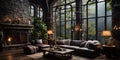 Interior Design, Beautiful Living room Gothic Style, Luxury Mansion, Elegant tall window