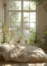 Interior design with bed, plants by window, property fixture Royalty Free Stock Photo