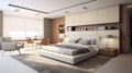 Interior design Big modern Bedroom. Stylish room interior with big comfortable bed. generative ai Royalty Free Stock Photo