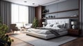 Interior design Big modern Bedroom. Stylish room interior with big comfortable bed. generative ai Royalty Free Stock Photo