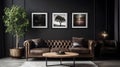 The interior design of black tone living room with brown leather sofa, coffee table, wall picture, modern home Royalty Free Stock Photo