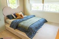 Interior design of blue designed teen boy bedroom. Royalty Free Stock Photo