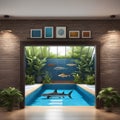 The interior design of the brick wall near the pool in the house is quite captivating. On one of the walls, Royalty Free Stock Photo