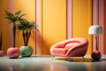 Interior design, bright living room with pink armchair, palm trees and colorful walls. AI generative Royalty Free Stock Photo