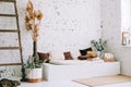 Interior design of bright living room with white walls and couch bench with pillows. Dried high plants and wooden ladder near wall