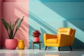 Interior design, bright living room with yellow armchair and colorful walls. AI generative Royalty Free Stock Photo