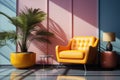 Interior design, bright living room with yellow armchair, palm tree and colorful walls. AI generative Royalty Free Stock Photo