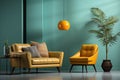 Interior design, bright living room with yellow sofa and armchair and green walls. AI generative Royalty Free Stock Photo