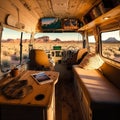 Interior design of a bus that has been converted into a living space for those who choose to live a nomadic lifestyle. AI