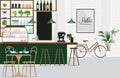 Interior design cafe with a bar, a showcase with pastries, coffee machine, bar stools, dining room group. Vector flat illustration Royalty Free Stock Photo