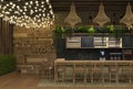 Interior design of a cafe or restaurant ethnic retro style with a bar counter and decorations of luminous garlands and wicker Royalty Free Stock Photo