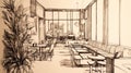 Restaurant Sketch, Interior Design, Cafe, Architectural Drawing Royalty Free Stock Photo
