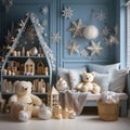 Children room decorated for the Christmas holiday season in baby blue and white, plushy teddy bears, stars, candles and lights