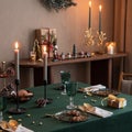 Interior design of Christmas dinning room interior with table, christmas wearth, candle, brown wall, star on wall, candle