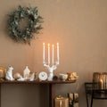 Interior design of Christmas dinning room interior with table, christmas wearth,