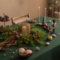 Interior design of Christmas dinning room interior with table, christmas wearth,