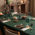 Interior design of Christmas dinning room interior with table, christmas wearth, candle, brown wall, star on wall,