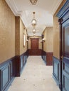 Interior design of a classic hall corridor with yellow wallpaper, brown doors and wood paneling. Backlit paintings and sconces on