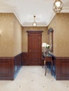 Interior design of a classic hall corridor with yellow wallpaper, brown doors and wood paneling. Backlit paintings and sconces on