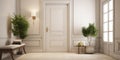 Interior design of classic white entrance hall with door and rustic wooden decorative pieces