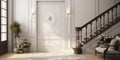 Interior design of classic white entrance hall with door and rustic wooden decorative pieces