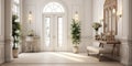 Interior design of classic white entrance hall with door and rustic wooden decorative pieces