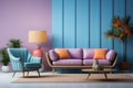 Interior design, colorful living room, colorful walls and purple sofa. AI generative Royalty Free Stock Photo
