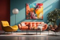 Interior design, colorful living room, leather sofa and armchair and colorful walls. AI generative Royalty Free Stock Photo