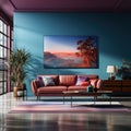 Interior design, colorful living room, leather sofa and colorful walls. AI generative Royalty Free Stock Photo