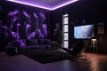 interior design concept, with blacklight and uv-reactive artwork on the walls of a modern living room